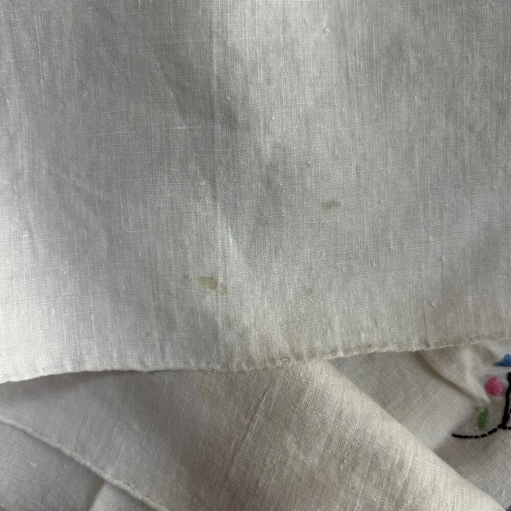 Vintage linen blend tablecloth topper embroidery cutwork creamy white square